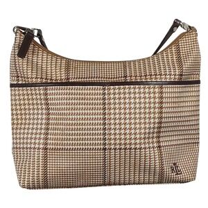 Vintage Ralph Lauren Brown Houndstooth Plaid Hobo Shoulder Bag RLL Logo Trim
